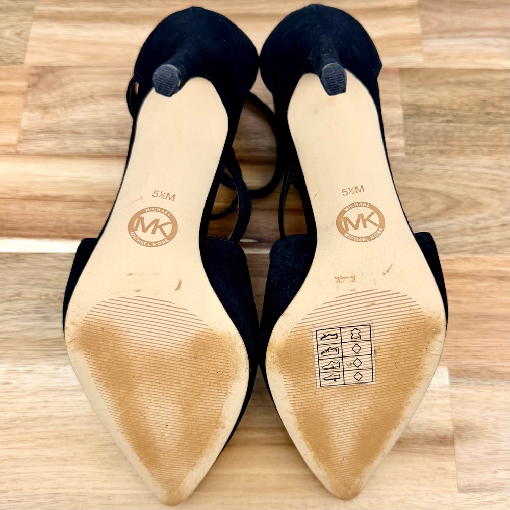 Michael Kors Black Suede Strappy Stiletto Heels Zip Ankle Strap Womens 5.5M - Picture 7 of 8